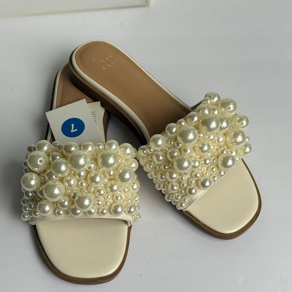 Pearl Sandals Women's Sz 7 Slide Flats A New Day Bride Bridal Dressy NWT